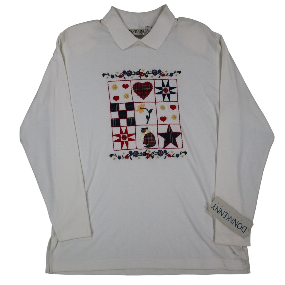 Donnkenny Classics Polo Shirt Womens M Vintage 90s White Embroidered Cat NWT